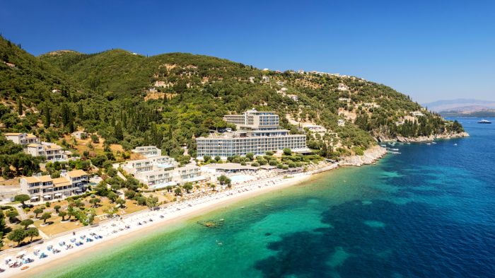 Aerial view of corfu hotels by Nissaki beach