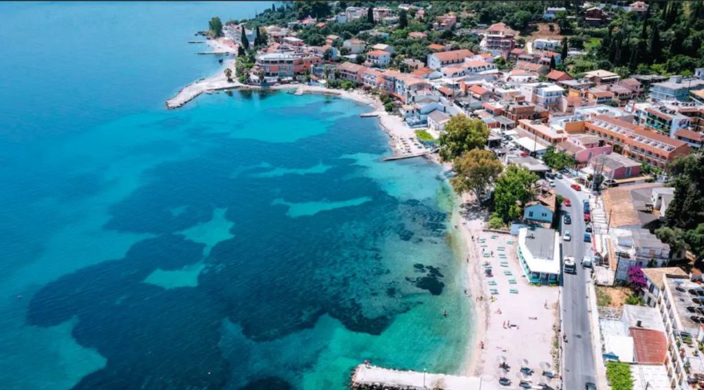 Benitses beach in Corfu, Greece