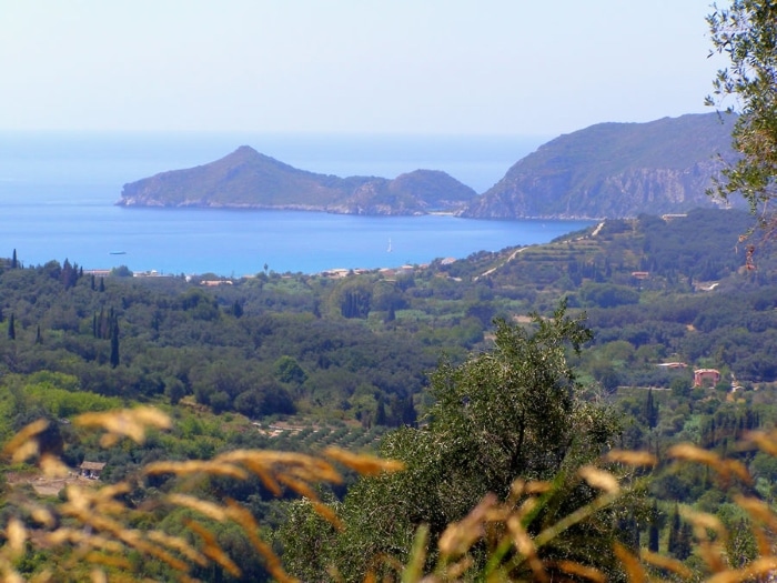View of Agios Georgios Pagon and the green landscape of Corfu