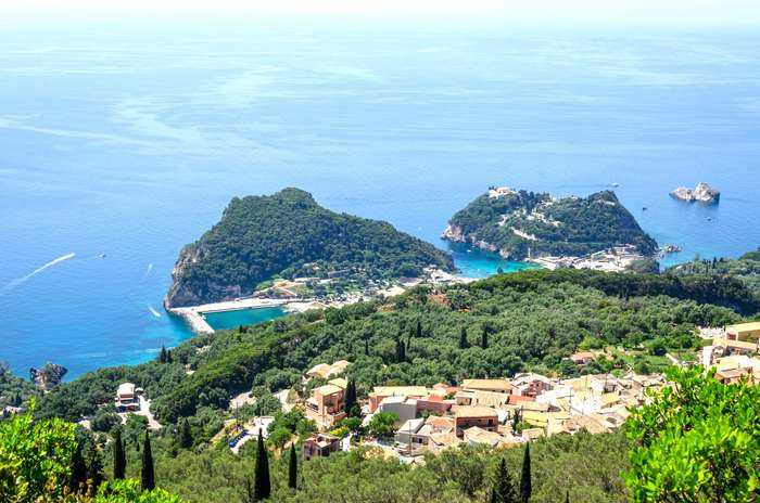 Aerial view of Paleokastritsa and Lakones village in Corfu Greece_tn