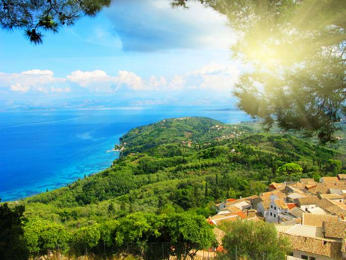 Panoramic view of the coasline from Chlomos traditional village in Corfu, Greece_