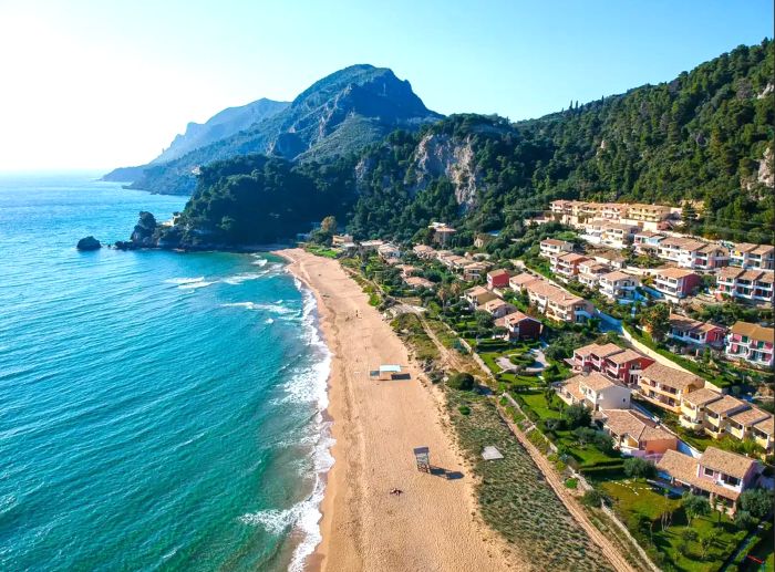 Aerial view of Glyfada Beach in Corfu