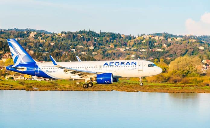 Corfu International Airport Ioannis Kapodistrias, March - 24 - 2026 - An Aegean airplane in the air